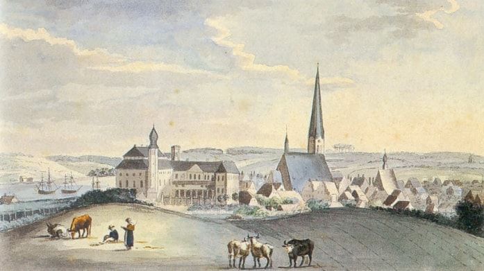 Kiel, Stadtansicht von Nord, um 1800. C.F.J. Bünsow [1745-1824]